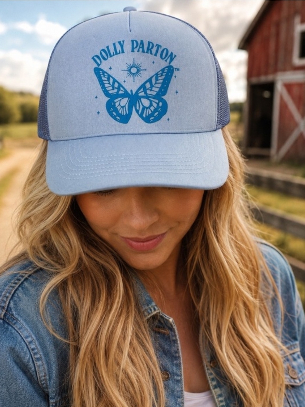 Dolly Parton Light Blue Butterfly Trucker Hat